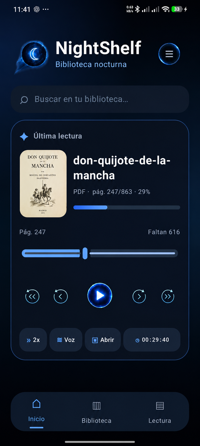 Pantalla de inicio de NightShelf