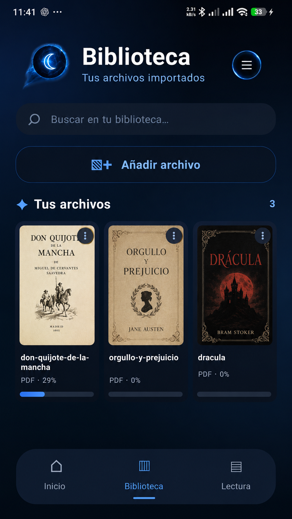 Pantalla de biblioteca de NightShelf