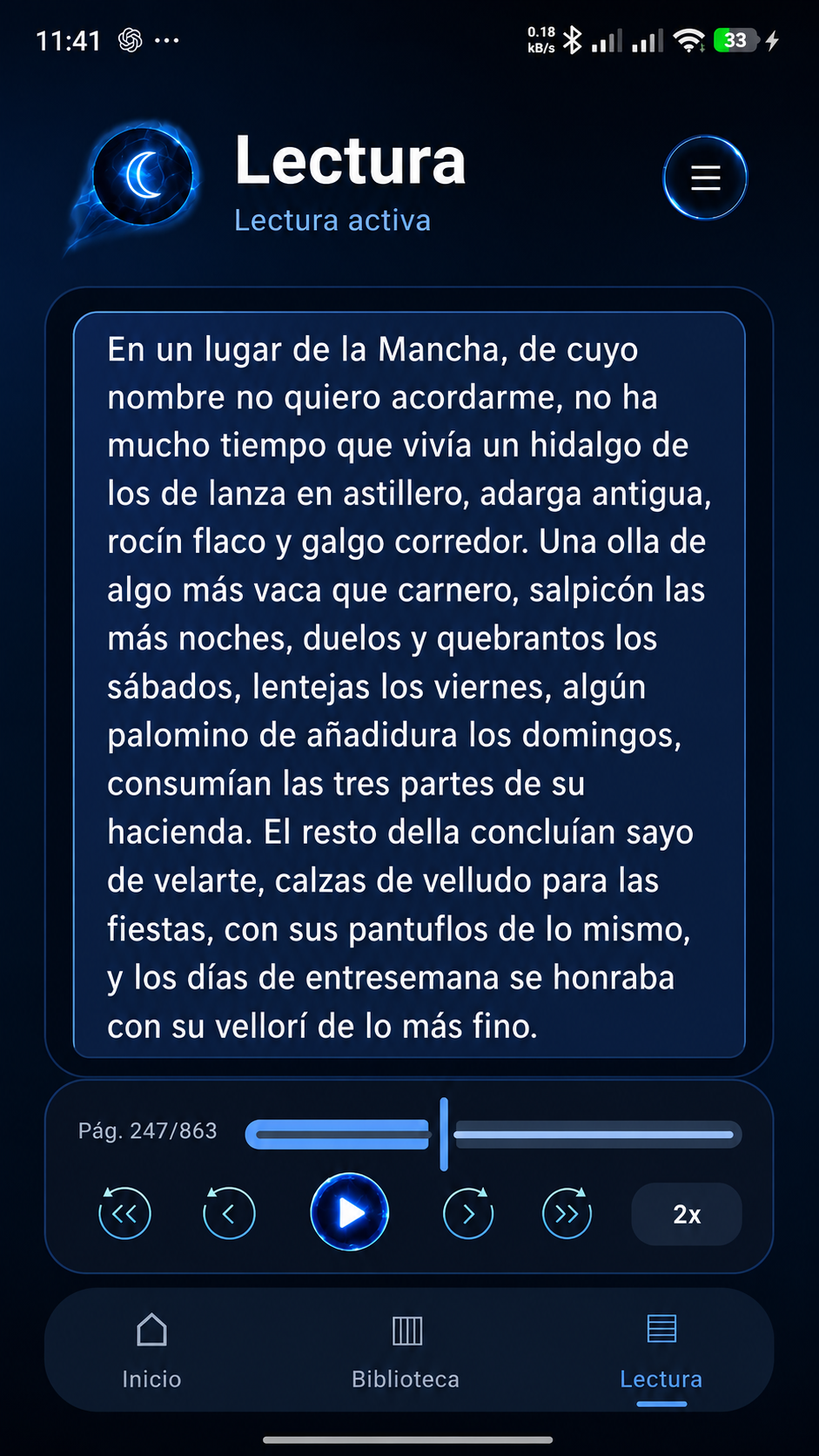Pantalla de lectura de NightShelf